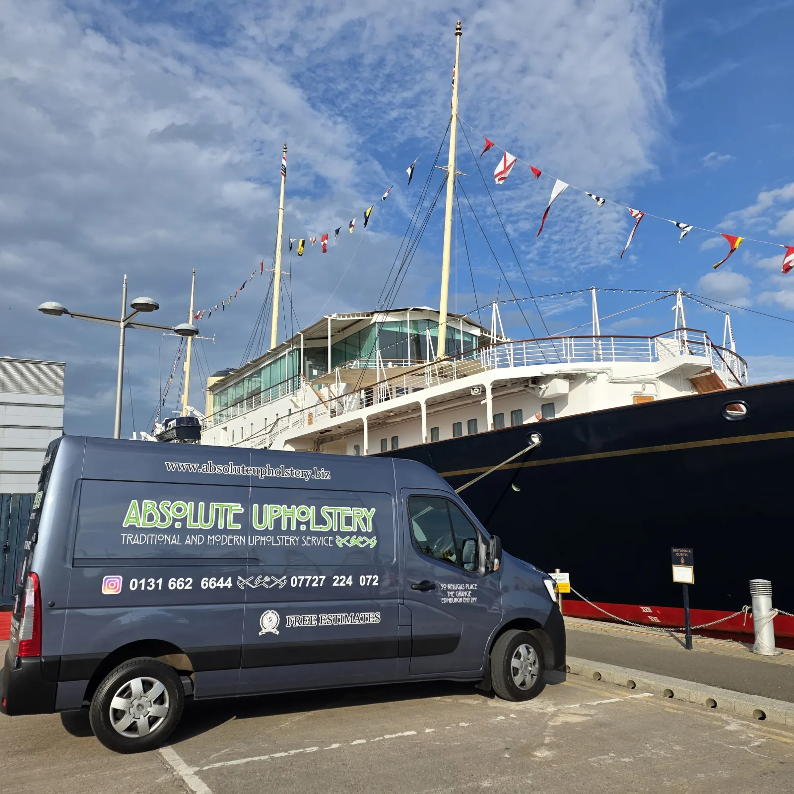The Absolute Upholstery van parked beside the Royal Yacht Britannia in Edinburgh