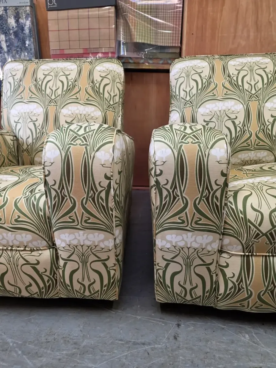 Mid-century suite reupholstered with matched pattern
