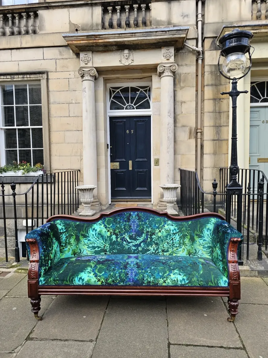 Victorian sofa reupholstered in a botanical velvet